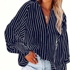 Plus Size Navy Blue Casual Women's Striped Print Notched Neckline Blouse